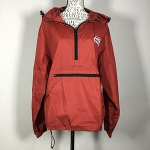 Walt Disney Worlds NWOT rain jacket orangey red hooded front zippered pocket S